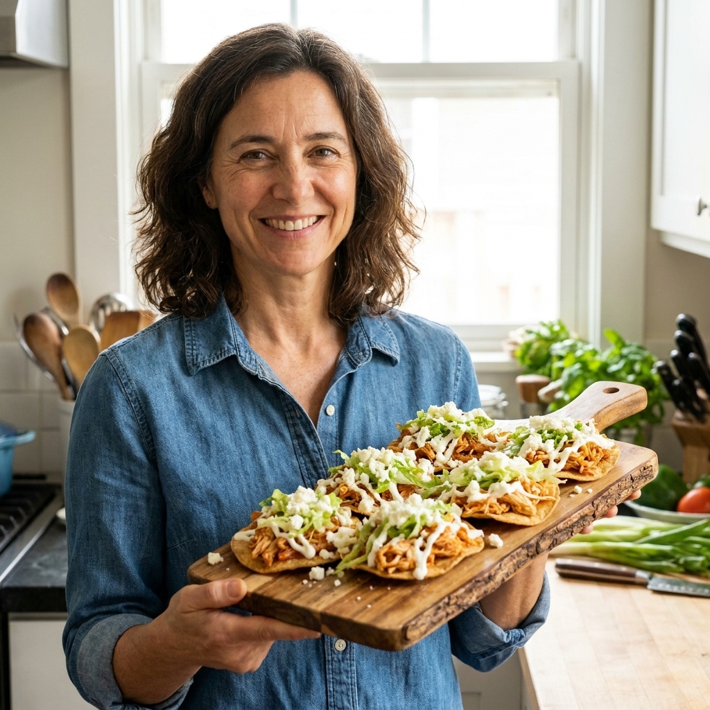 Crispy tostadas topped with shredded chicken tinga, crema drizzle, queso fresco, and shredded lettuce on a wooden board