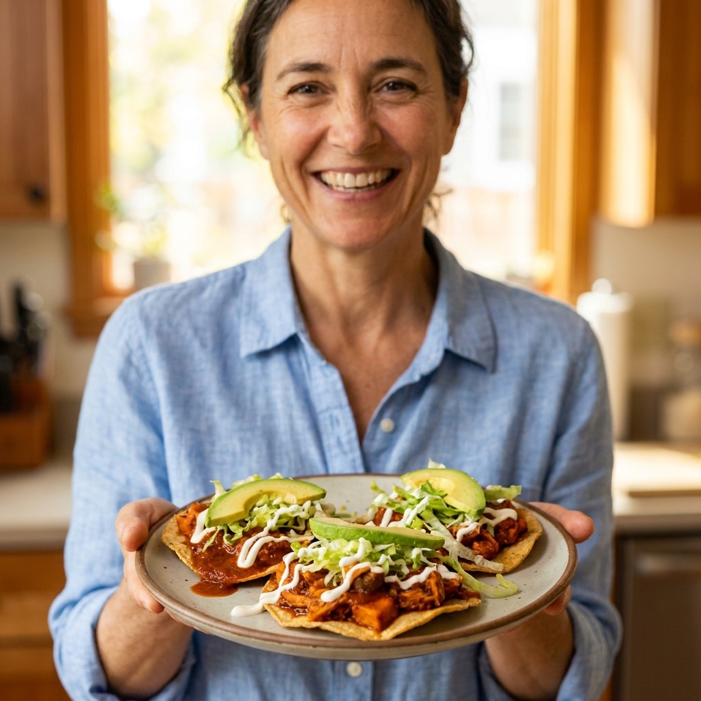 Crispy tostadas topped with sweet potato tinga in a smoky red sauce, finished with lettuce, crema, and sliced avocado