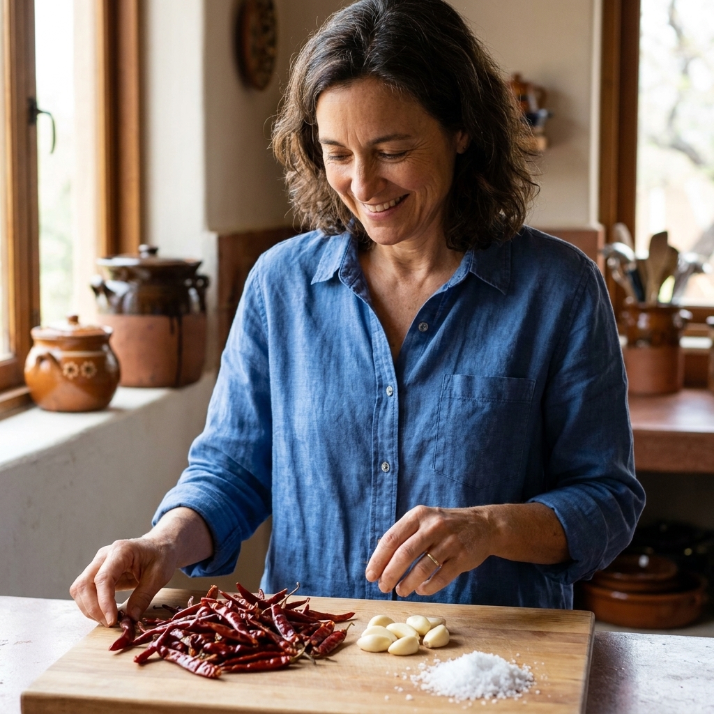 Dried chiles de árbol on a cutting board next to peeled garlic cloves and coarse salt