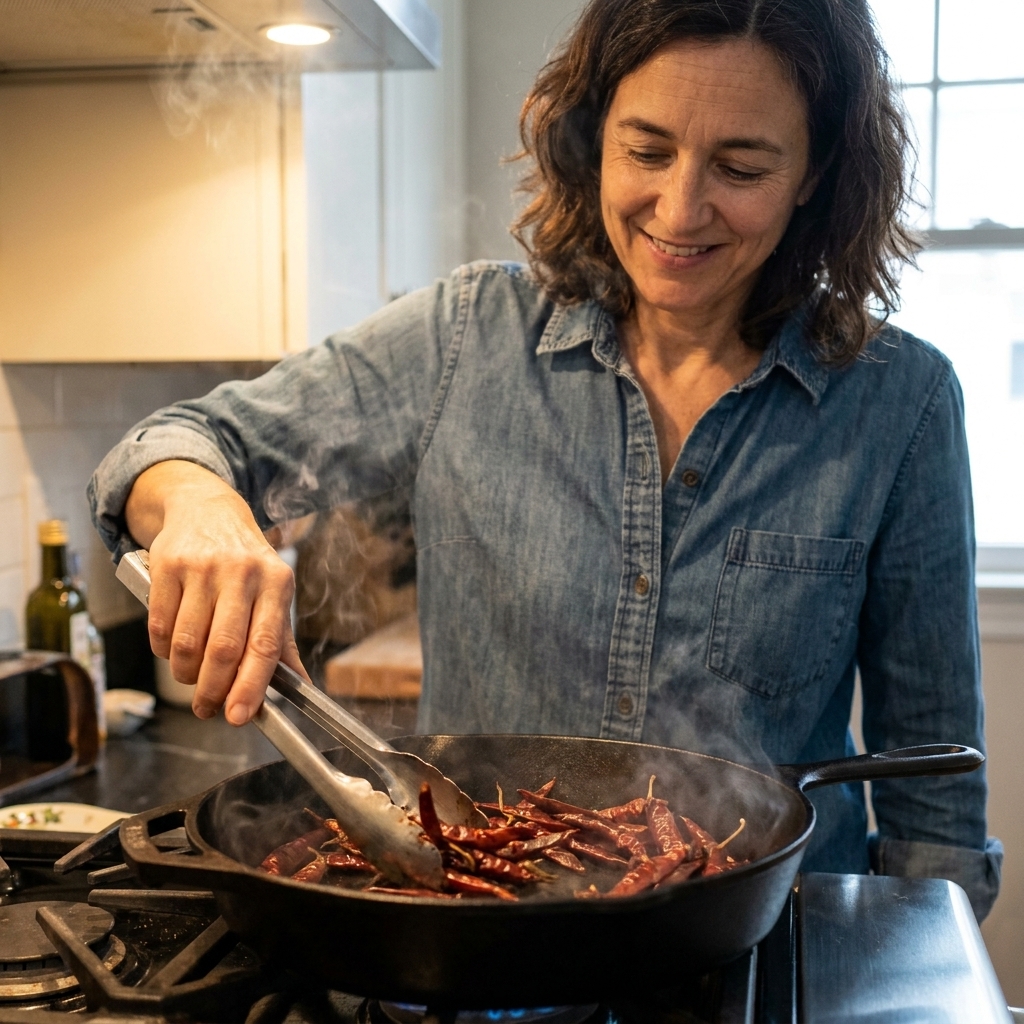 Dried chiles de árbol toasting in a dry cast iron skillet on a stove, with tongs moving them as they warm