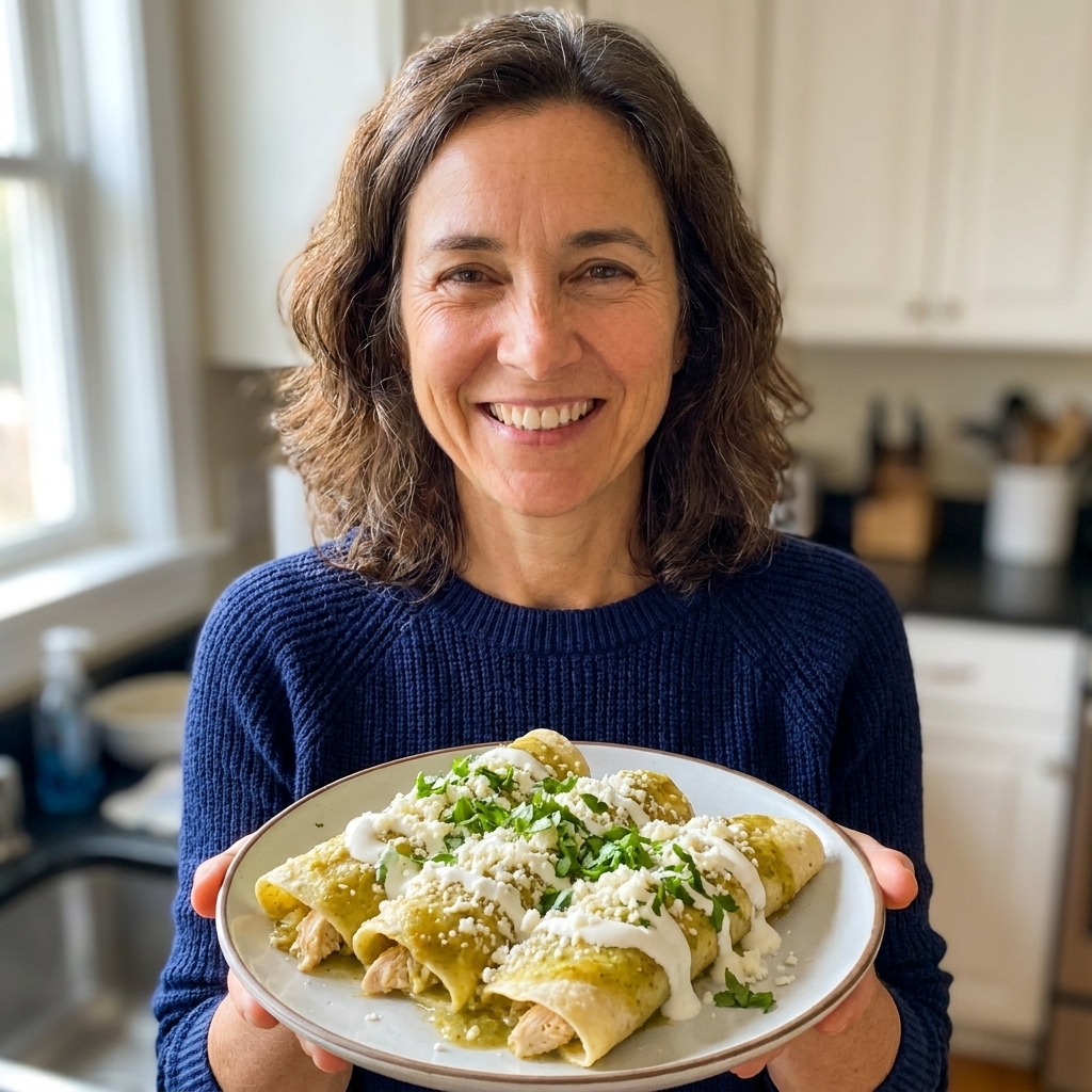 Enchiladas verdes topped with Mexican crema, cilantro, and crumbled cheese