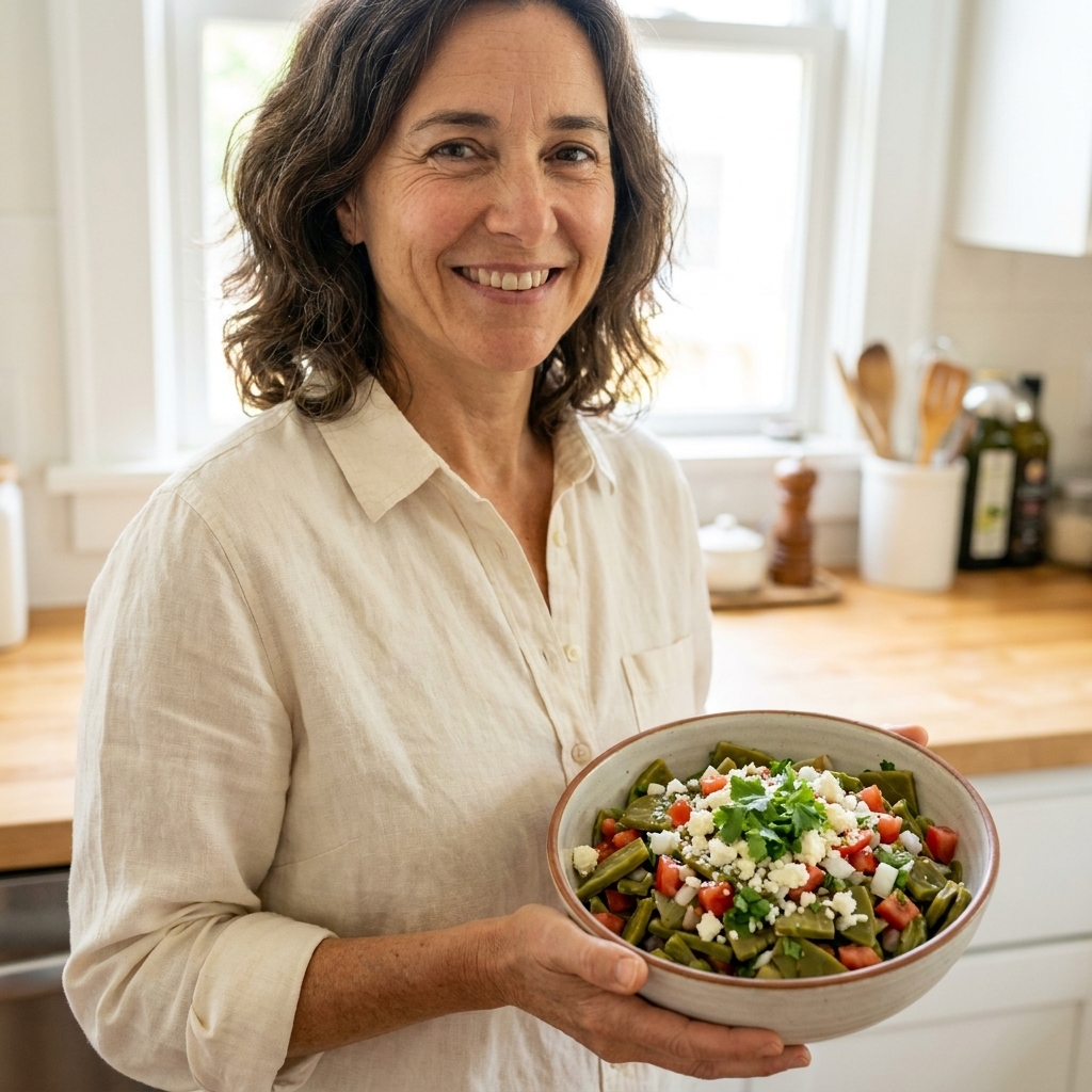 Ensalada de nopales with chopped cactus, tomatoes, onion, cilantro, and queso fresco