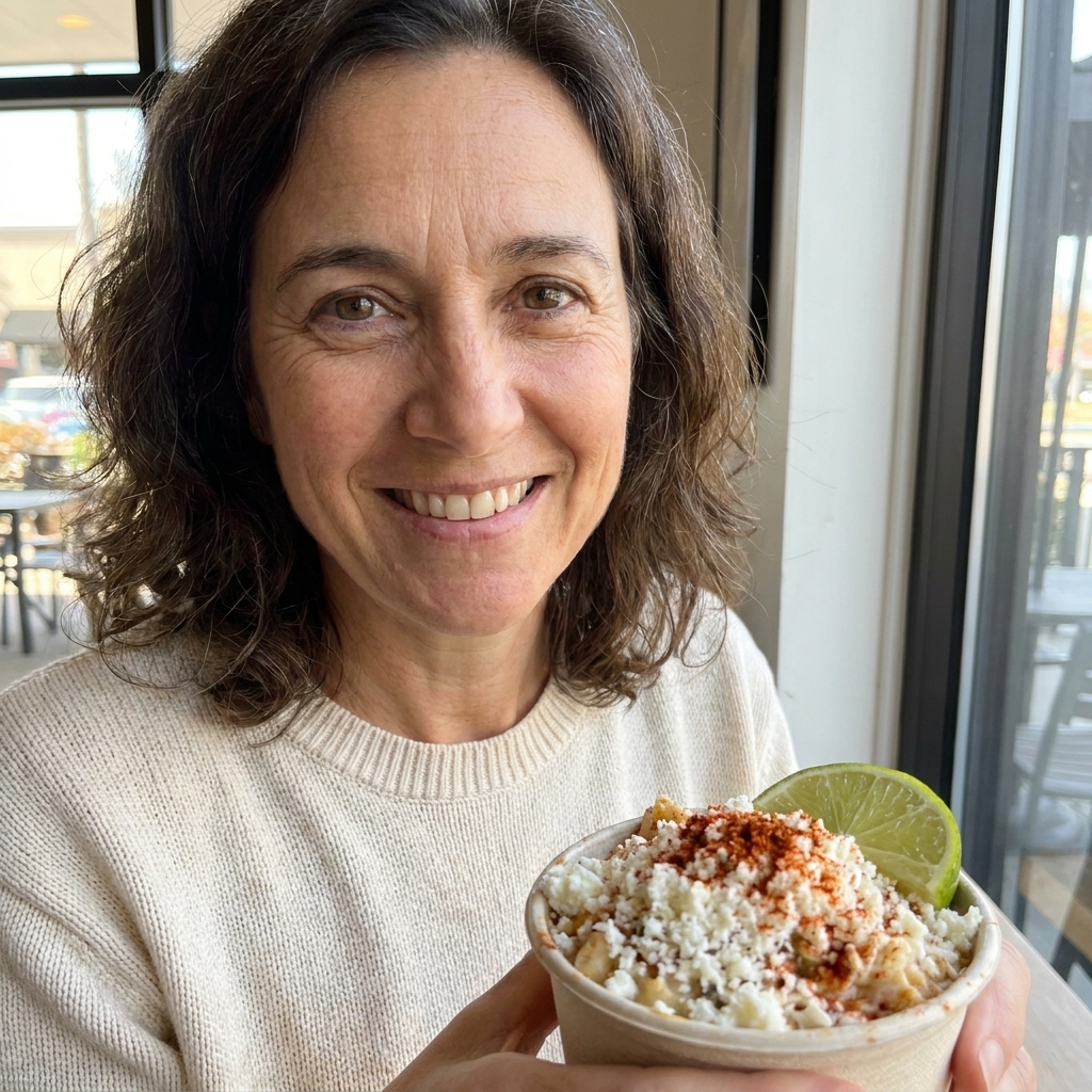 Esquites topped with crumbled cheese, chile powder, and a lime wedge