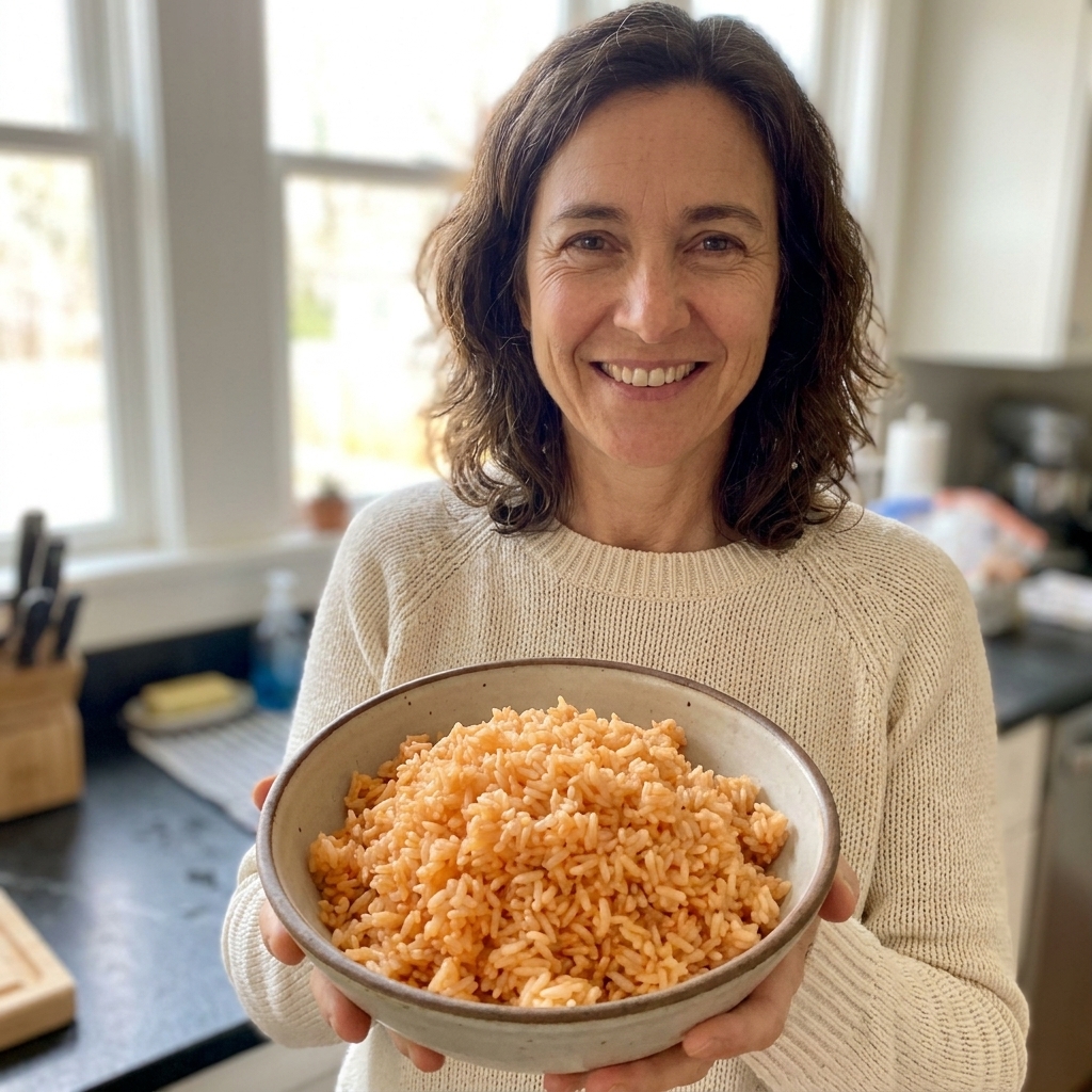 Fluffy arroz rojo with separate grains and a light tomato color