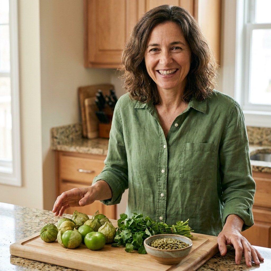 Fresh tomatillos, a bunch of cilantro, and a small bowl of pepitas on a kitchen counter next to a cutting board