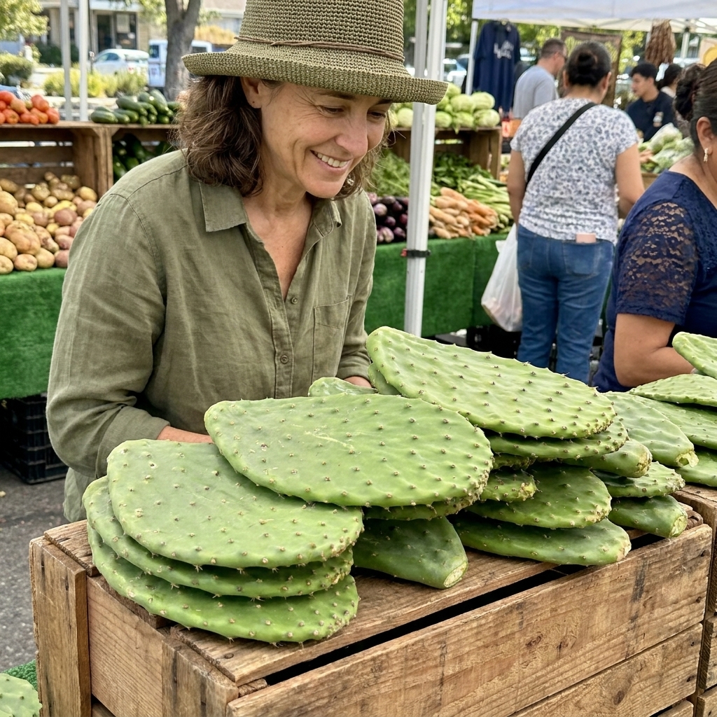 Fresh whole nopales cactus paddles stacked on a market produce display, their surfaces dotted with small bumps where spines grow