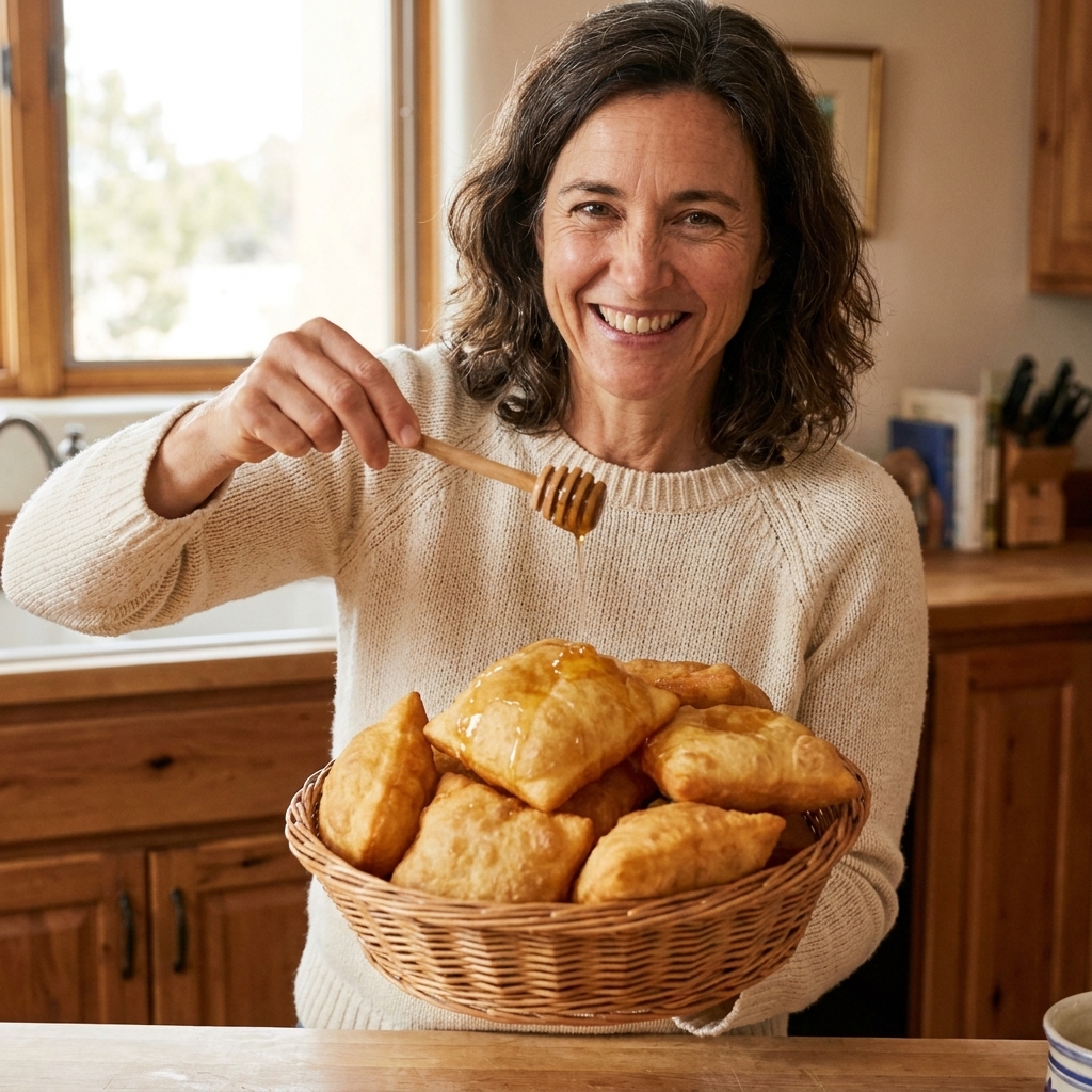 Freshly fried sopapillas piled in a basket, lightly puffed and golden, with honey being drizzled over the top