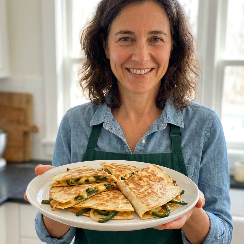 Golden-brown quesadillas cut into wedges with visible melted cheese and strips of sautéed poblano and onion