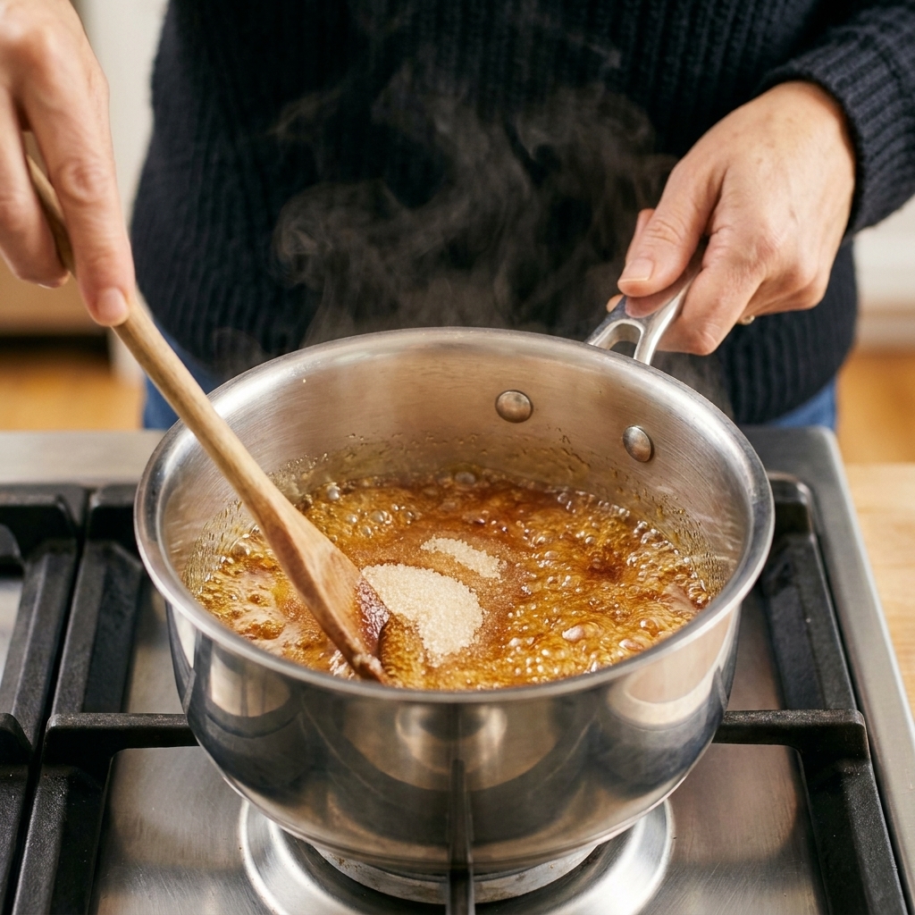 Granulated sugar melting into amber caramel in a small stainless steel saucepan on a stovetop