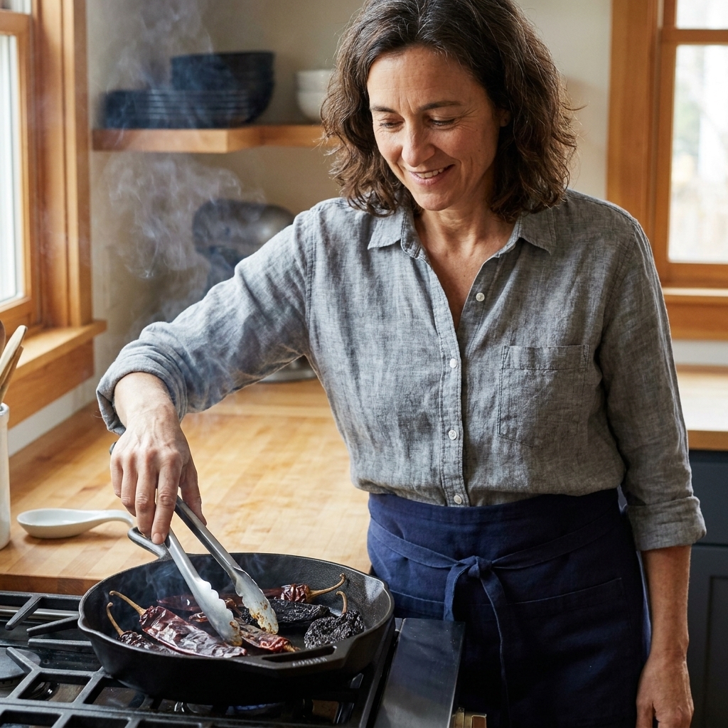 Guajillo and ancho chiles lightly toasting in a dry skillet until fragrant and pliable