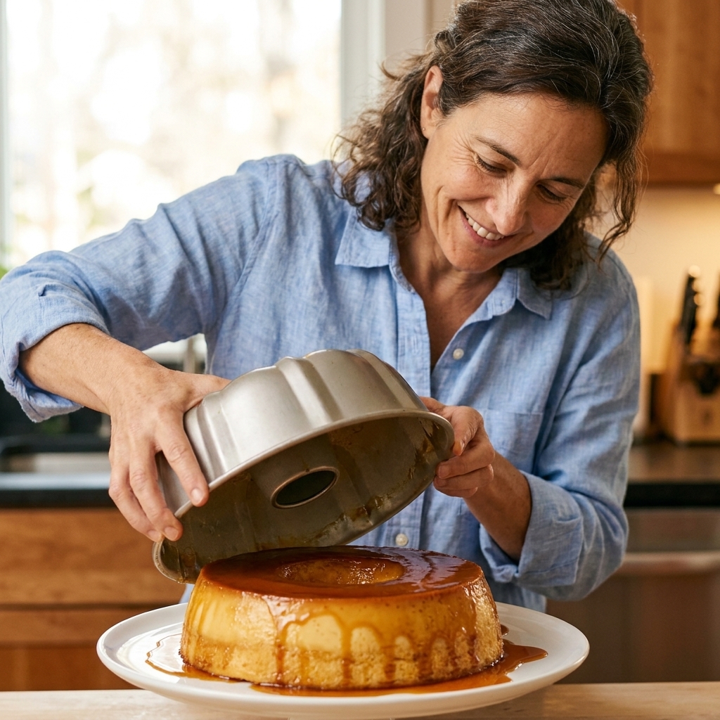 Hands flipping a caramel flan from a bundt pan onto a round serving plate with caramel beginning to flow