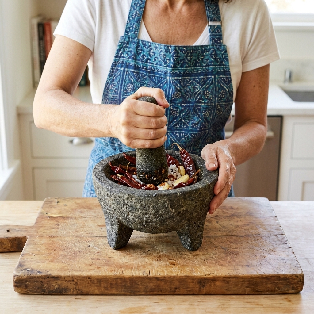 Hands grinding roasted chiles, garlic, and salt in a dark stone molcajete on a kitchen table.