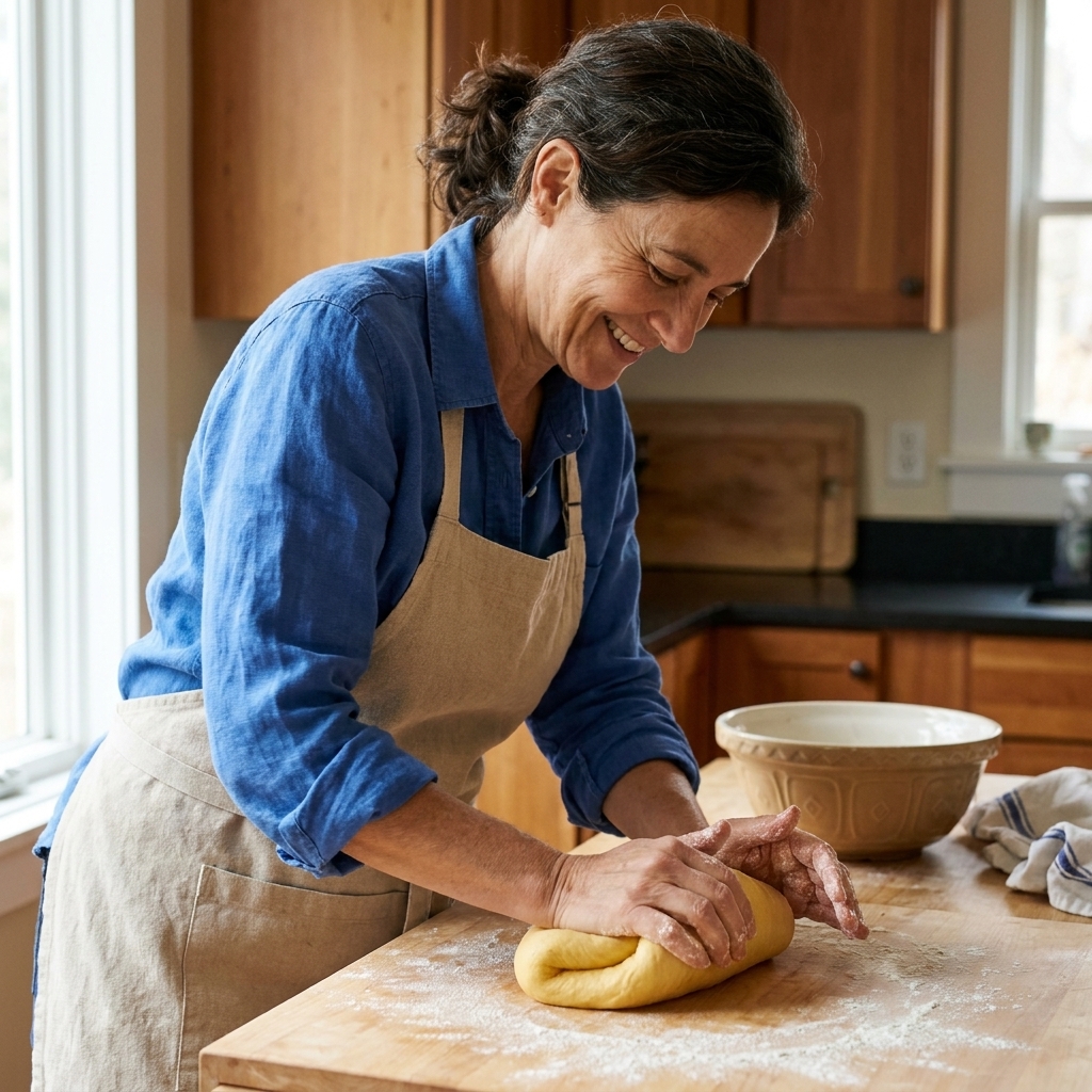 Hands kneading a smooth, enriched dough on a lightly floured wooden board in a home kitchen