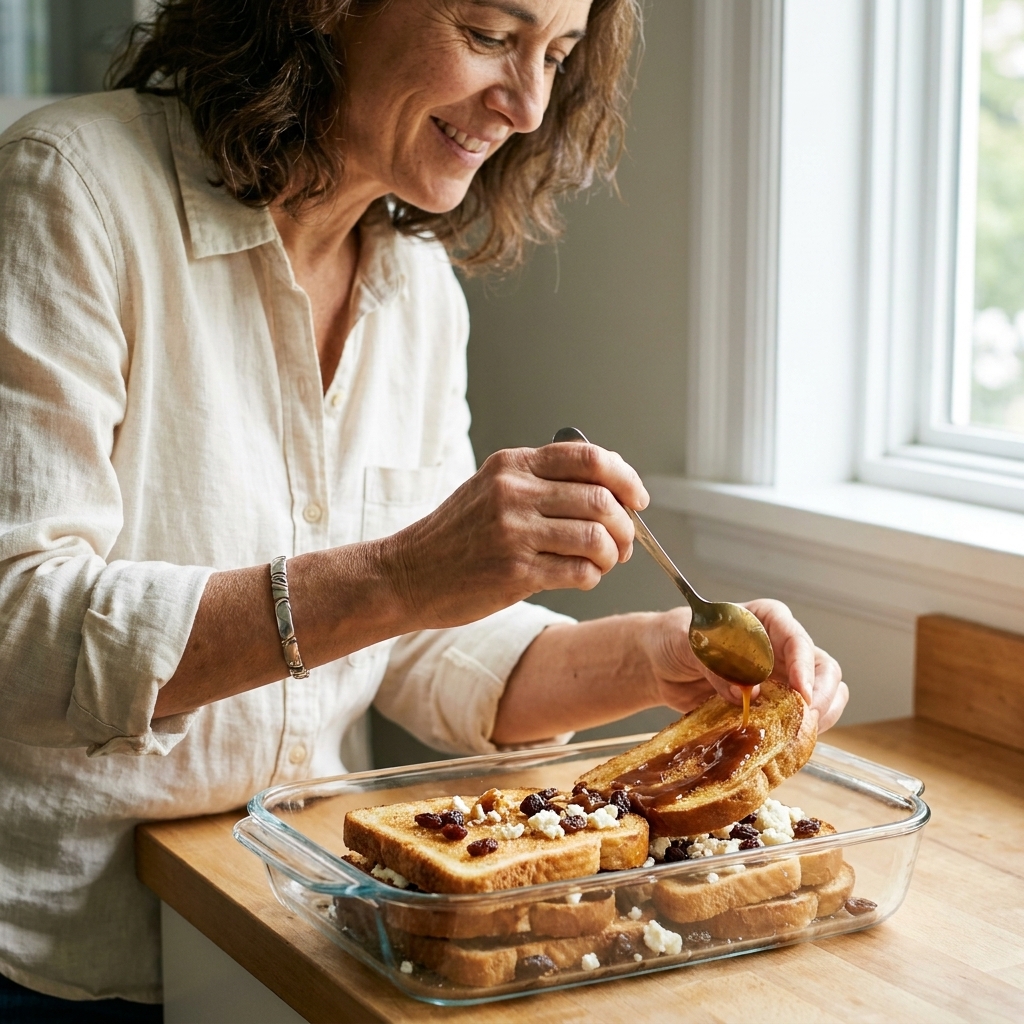 Hands layering toasted bread slices in a rectangular baking dish, with piloncillo syrup being spooned over and raisins and cheese scattered between layers