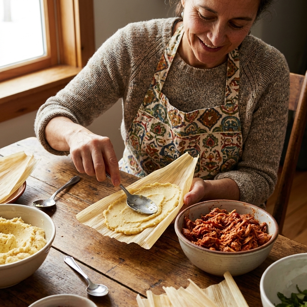 Hands spreading masa on a softened corn husk with a spoon, with a bowl of red chile pork filling nearby