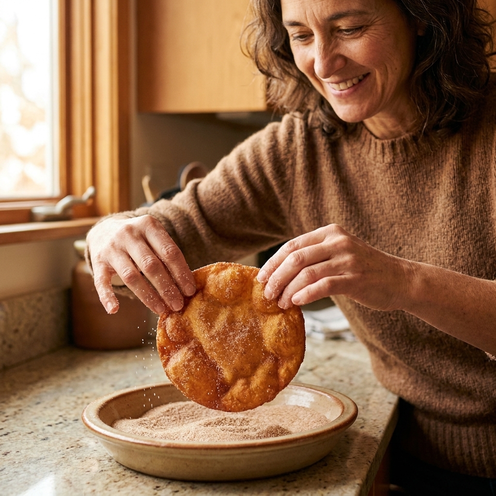 Hands tossing a warm, freshly fried buñuelo in a shallow dish of cinnamon-sugar, with sugar crystals clinging to the surface