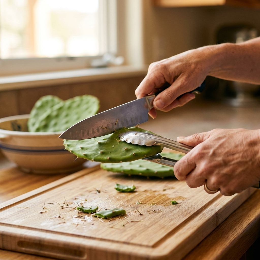 Hands using kitchen tongs and a knife to scrape spines from a cactus paddle on a cutting board, close-up in a home kitchen