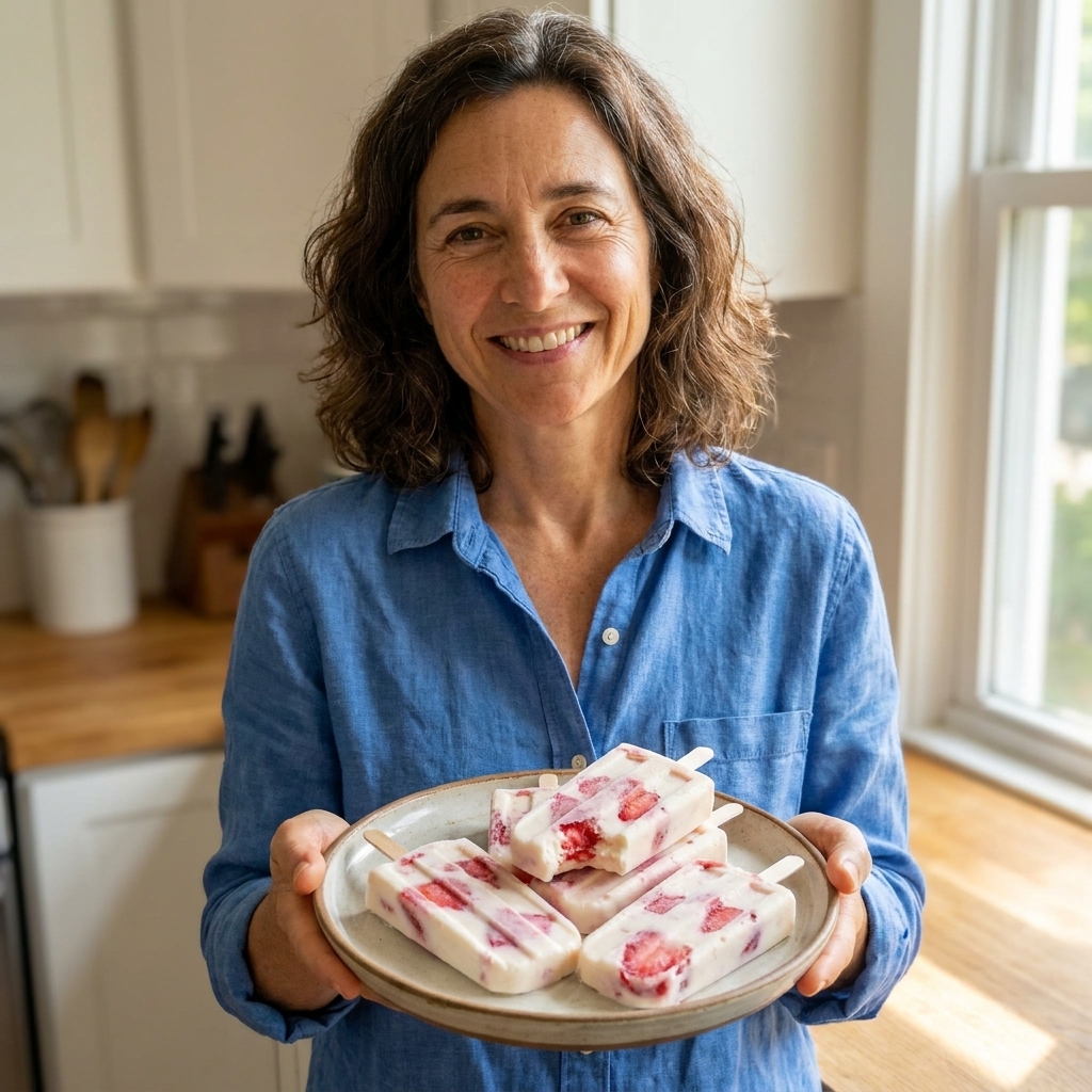 Homemade fruit yogurt paletas on a plate, with visible strawberry pieces inside creamy frozen pops