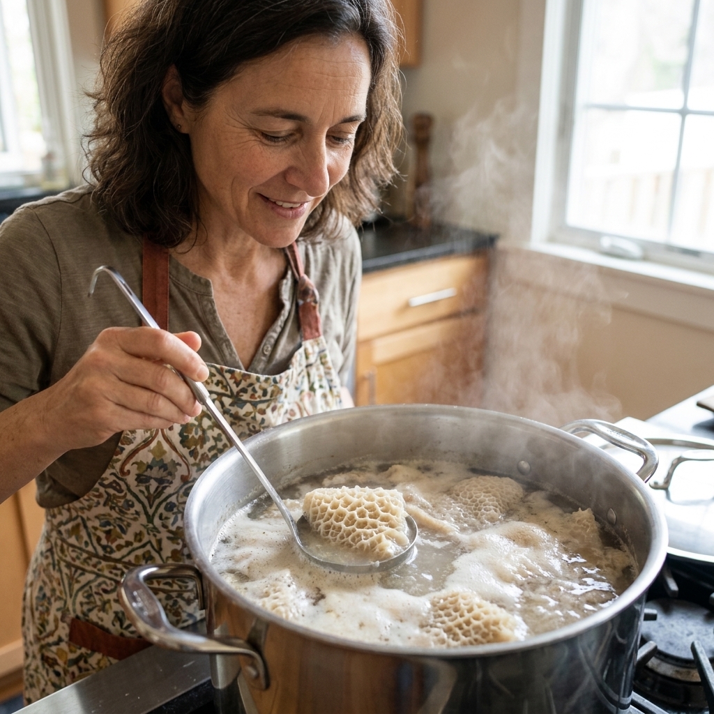 Honeycomb tripe simmering in a large stockpot with foamy impurities rising to the surface before being drained