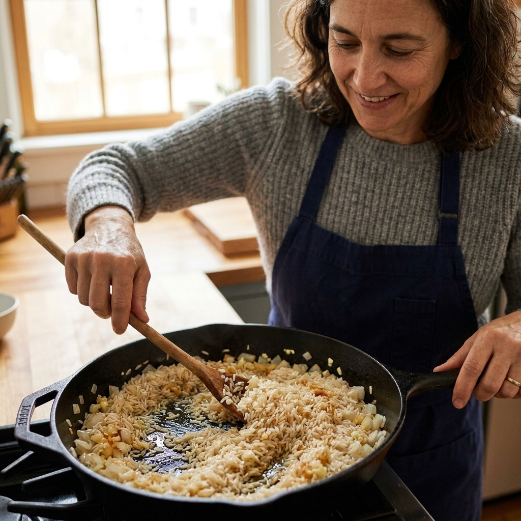 Long-grain rice toasting in a skillet with diced onions and minced garlic, lightly glossy from oil and starting to turn opaque