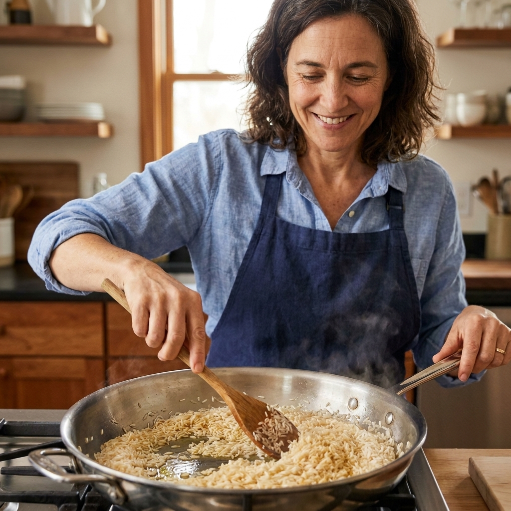 Long-grain white rice being stirred in a wide skillet with oil as it turns lightly golden, wooden spoon in motion