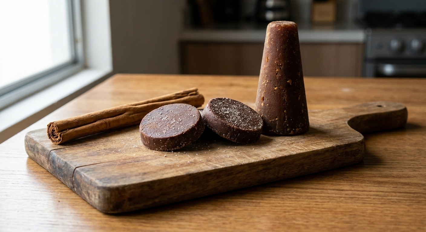 Mexican chocolate and piloncillo on a cutting board with a cinnamon stick beside them.