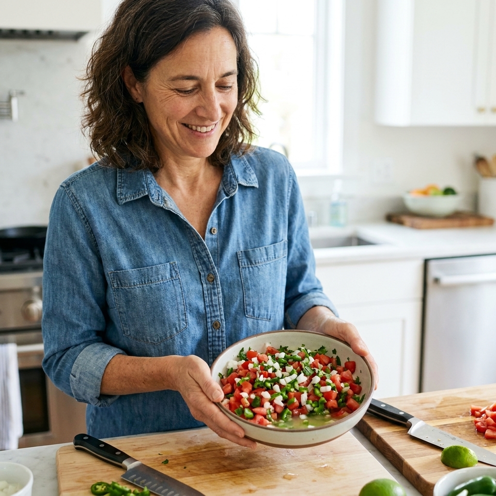 Pico de gallo with diced tomatoes, onion, cilantro, jalapeño, and lime