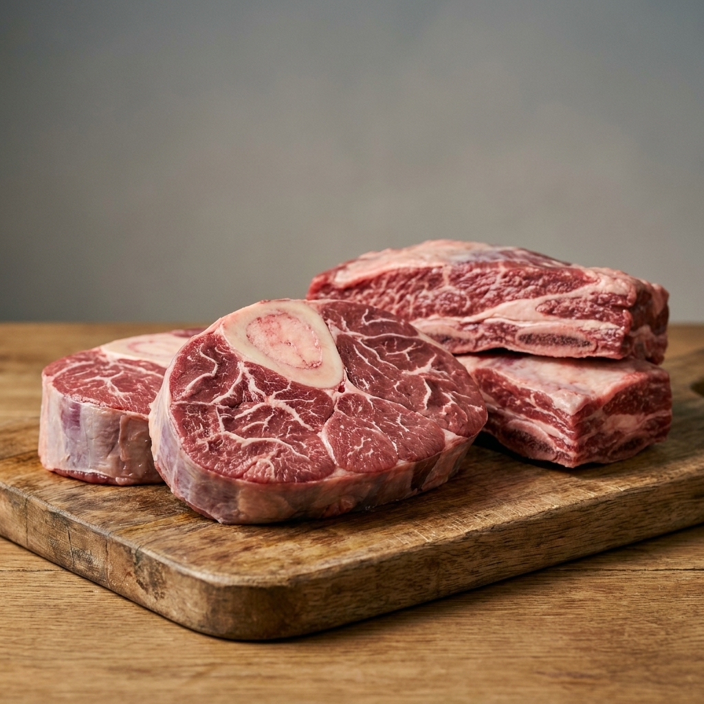 Raw beef shank slices and meaty short ribs on a wooden cutting board with visible bone and marbling