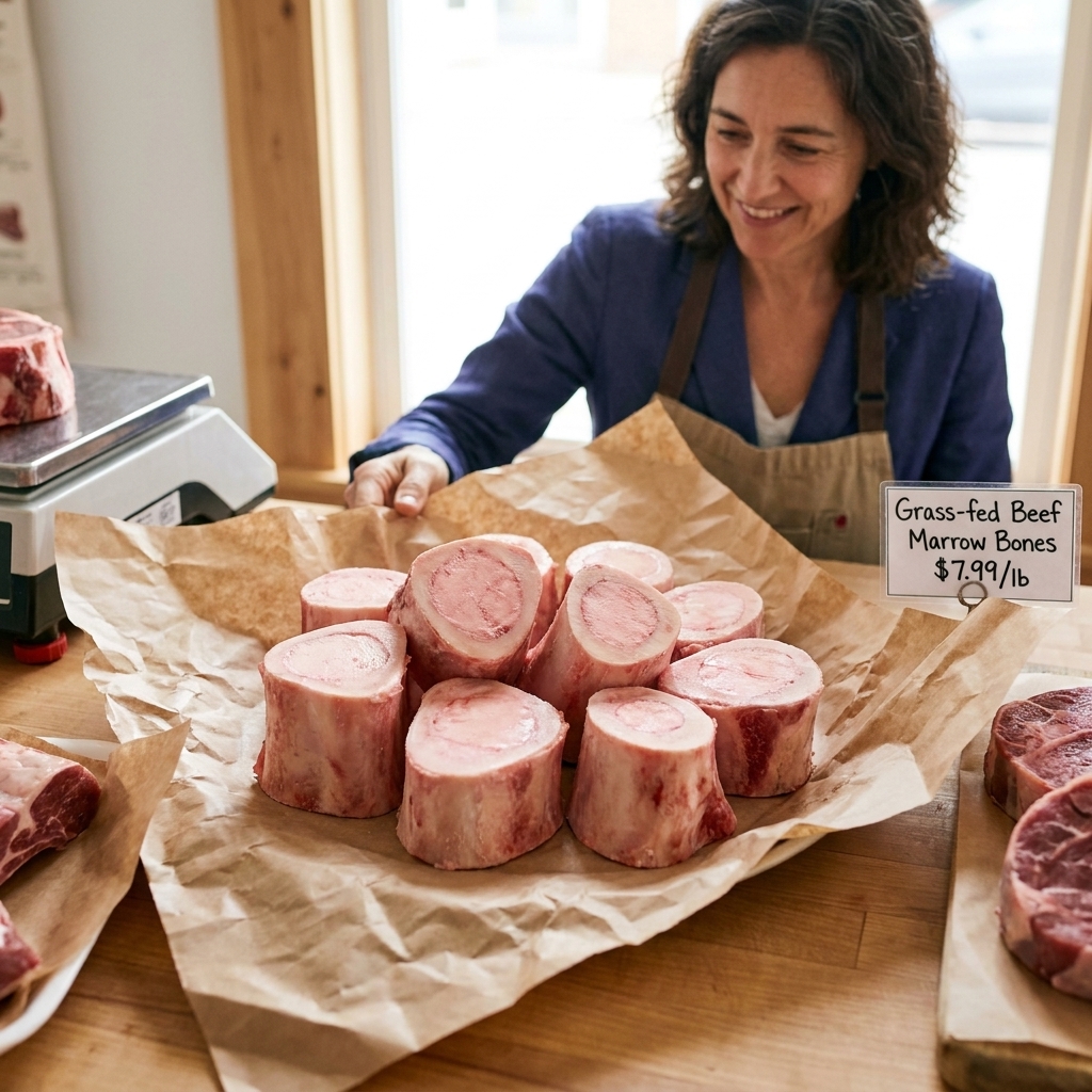 Raw cross-cut beef marrow bones arranged on butcher paper at a meat counter, showing the round marrow centers