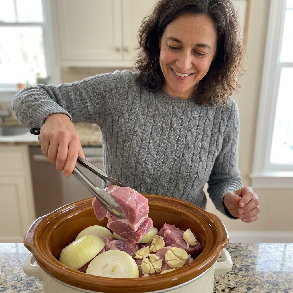 Raw pork shoulder chunks being placed into a slow cooker with thick-sliced onion and smashed garlic