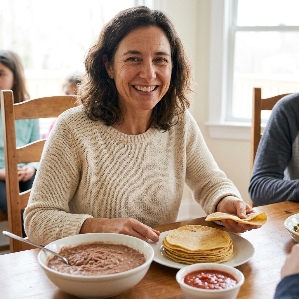 Refried beans served alongside warm corn tortillas and a small bowl of salsa, ready for a casual family meal