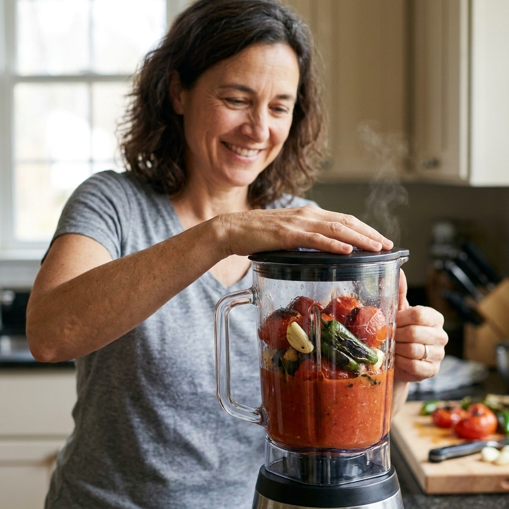 Roasted tomatoes, charred jalapeños, and garlic being blended into a smooth red salsa in a countertop blender