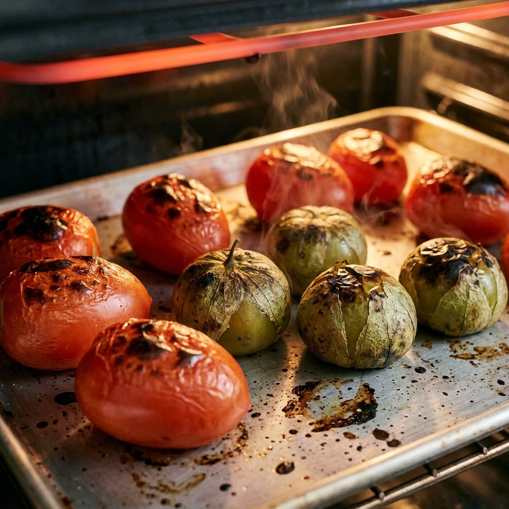 Roma tomatoes and tomatillos blistering under a broiler on a pan with charred spots