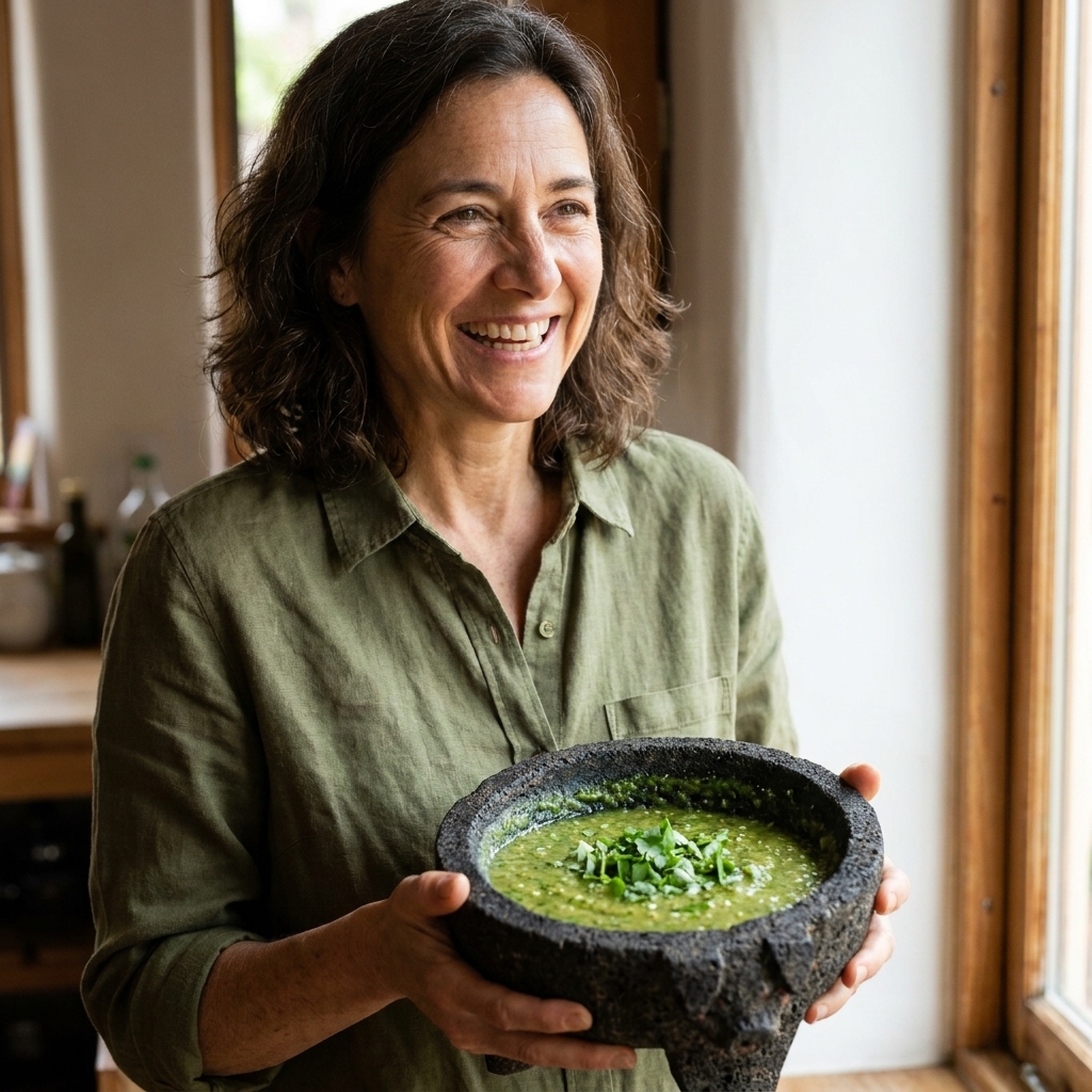Salsa verde in a molcajete topped with chopped cilantro