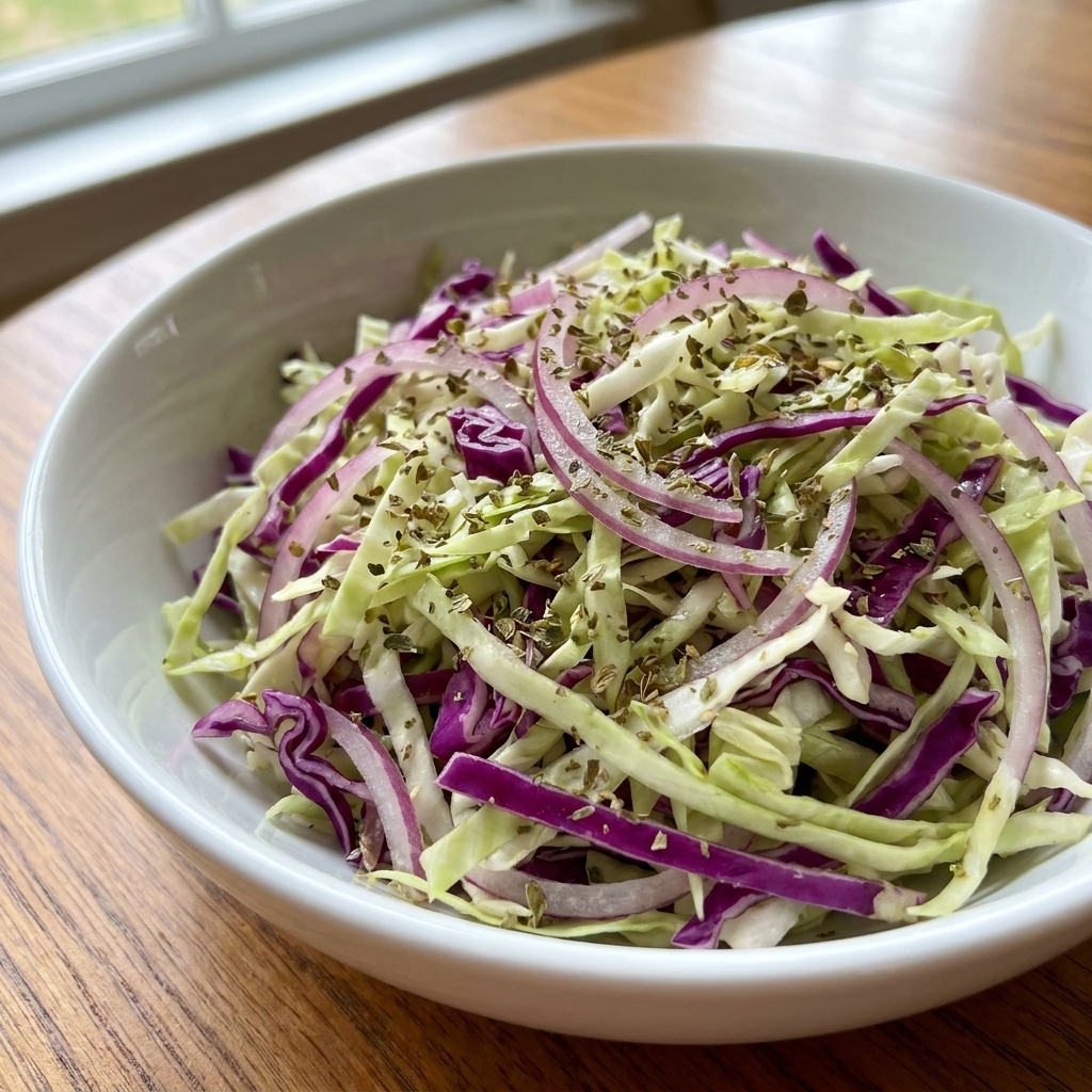 Shredded cabbage slaw with thin-sliced red onion and oregano