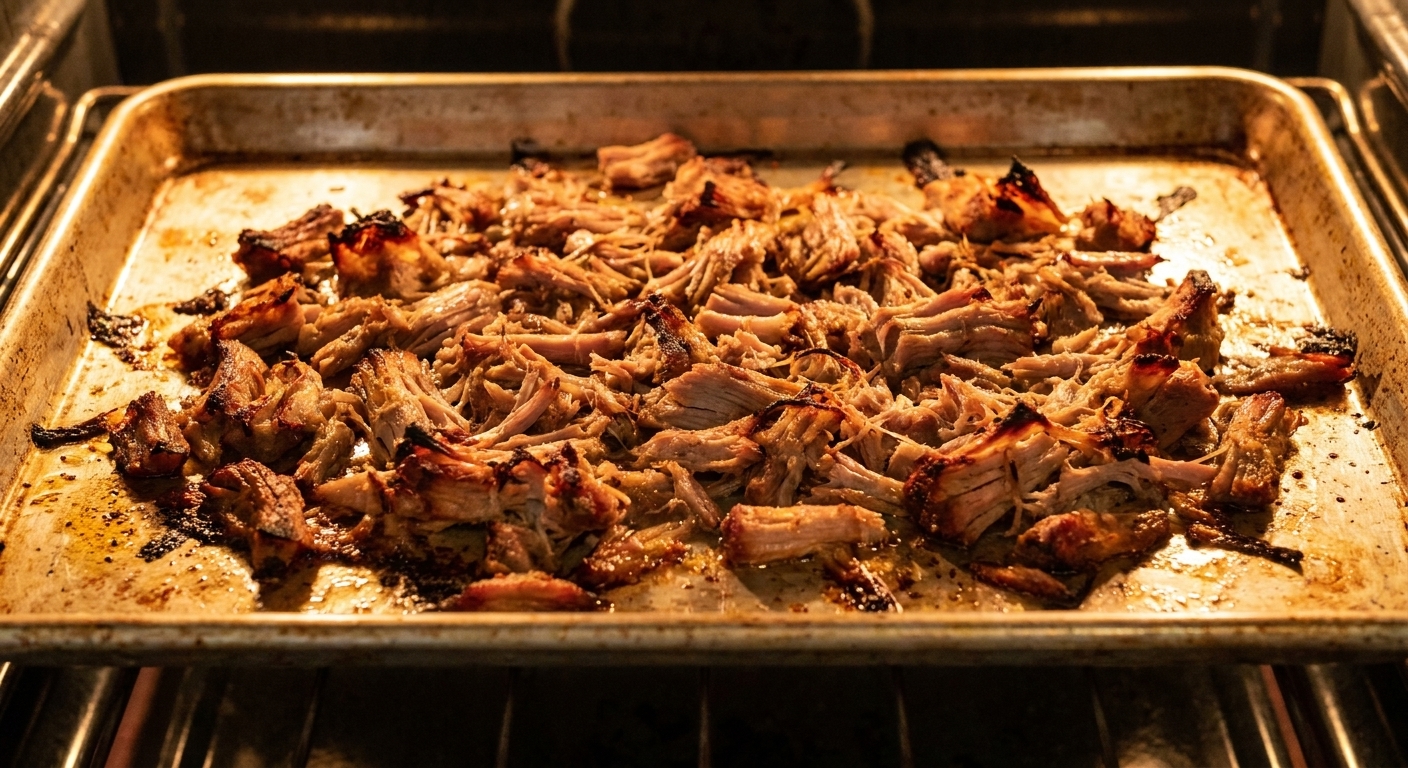 Shredded pork carnitas spread on a rimmed sheet pan, with browned crispy tips forming on top under warm oven light