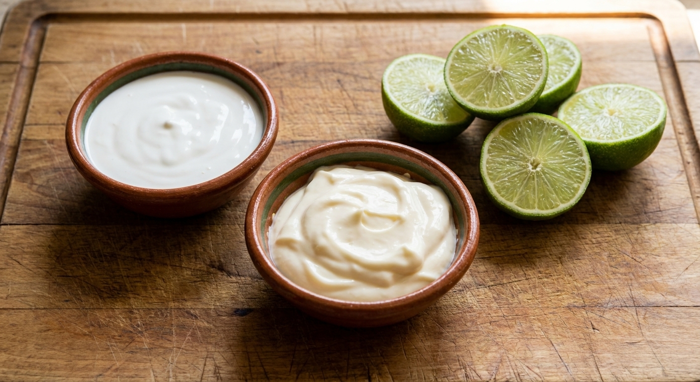 Small bowls of Mexican crema and mayonnaise beside halved limes on a wooden cutting board