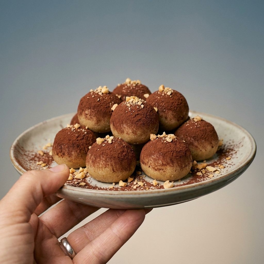 Small mazapán truffles arranged on a plate, dusted with cocoa powder and topped with crushed peanuts