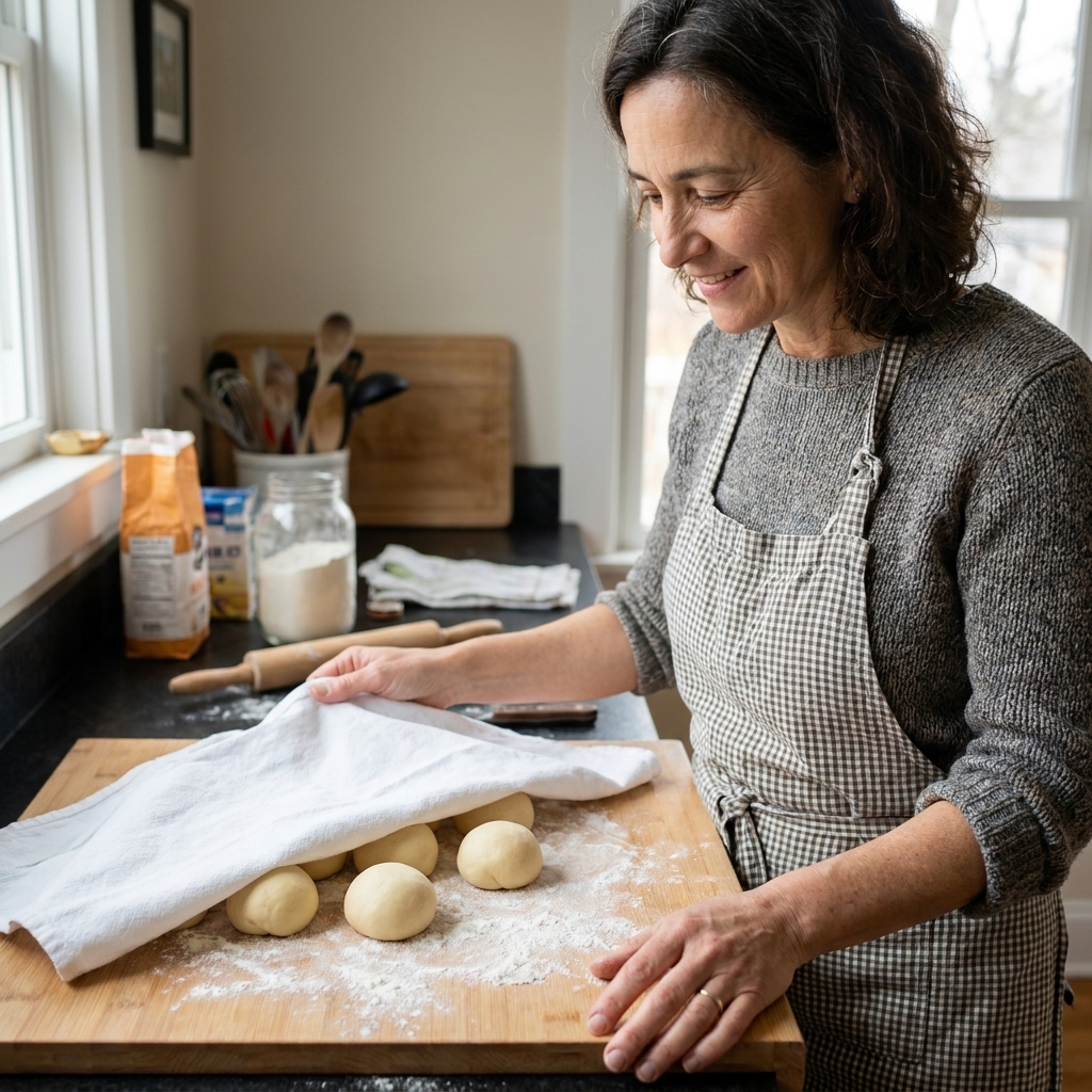 Small, smooth balls of buñuelo dough resting under a clean kitchen towel on a floured wooden board