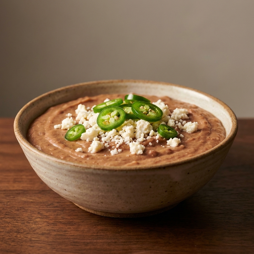 Smooth refried beans topped with queso fresco and sliced jalapeño