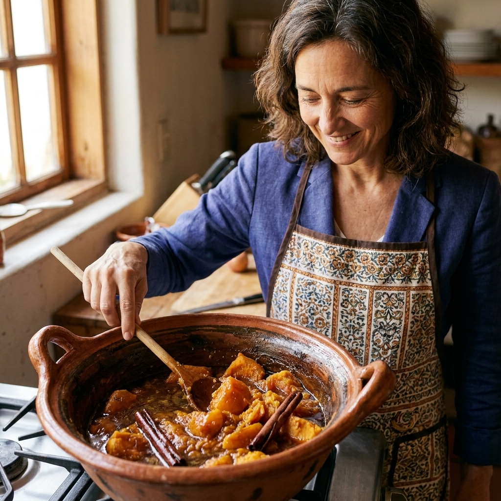 Tender chunks of pumpkin cooked with piloncillo and cinnamon in a pot, partially mashed into a thick filling