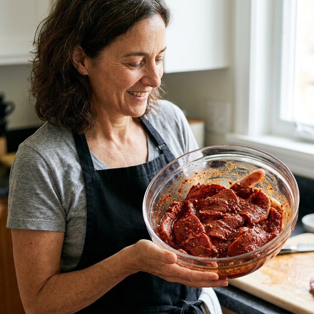 Thin slices of pork coated in a deep red chile adobo marinade in a glass bowl with visible bits of blended chiles and spices