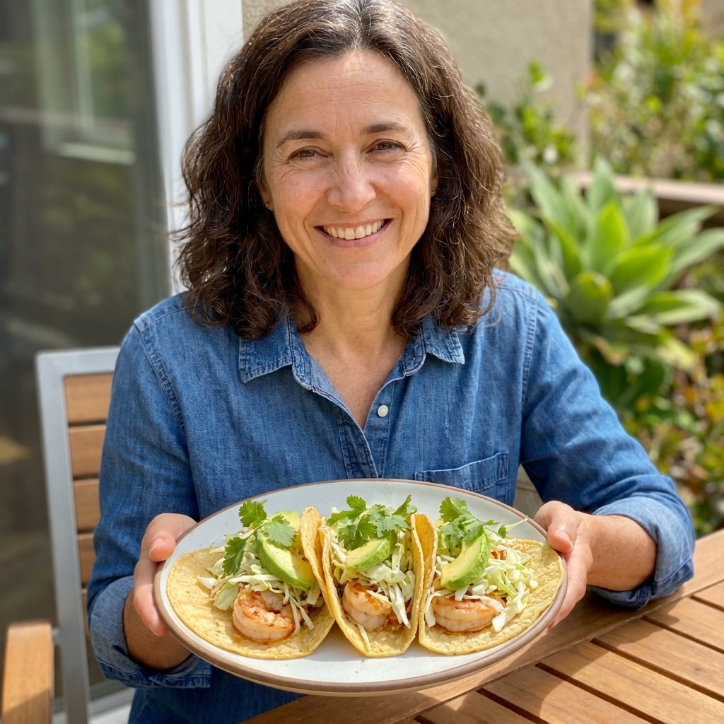 Three shrimp tacos in corn tortillas topped with shredded cabbage, avocado slices, and fresh cilantro