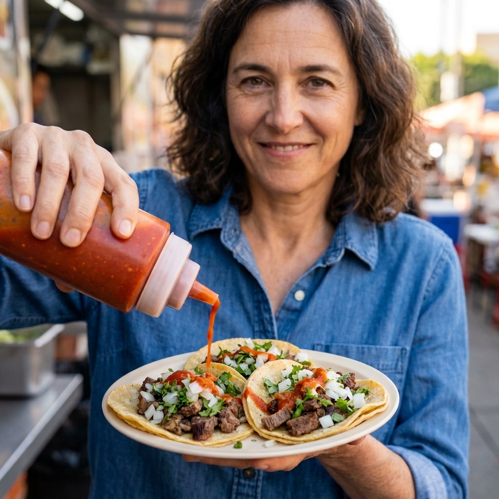 Three street-style tacos topped with carne asada, chopped onion, and cilantro, with red salsa taquera being drizzled over the top