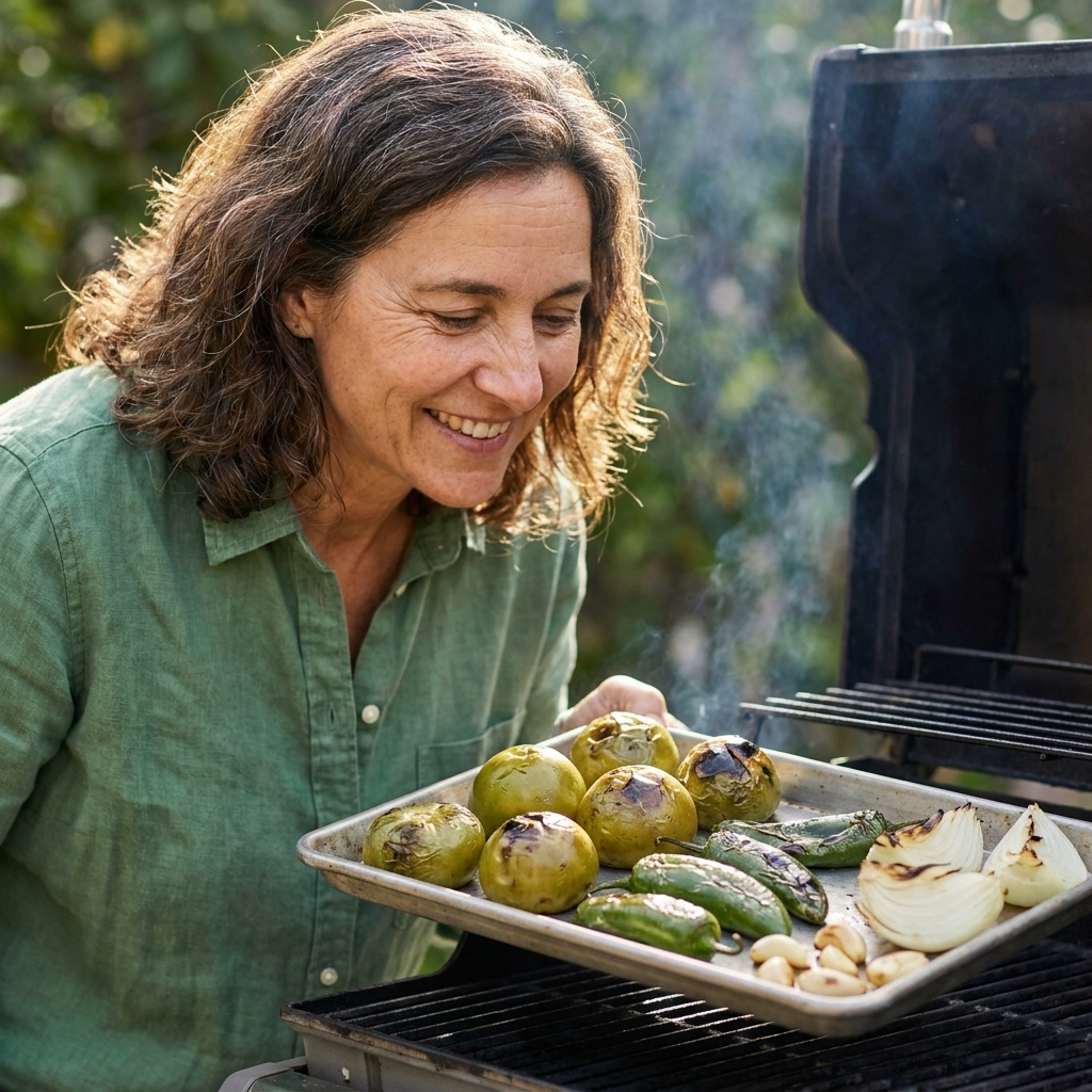 Tomatillos, onion wedges, garlic cloves, and green chiles roasting until blistered and fragrant