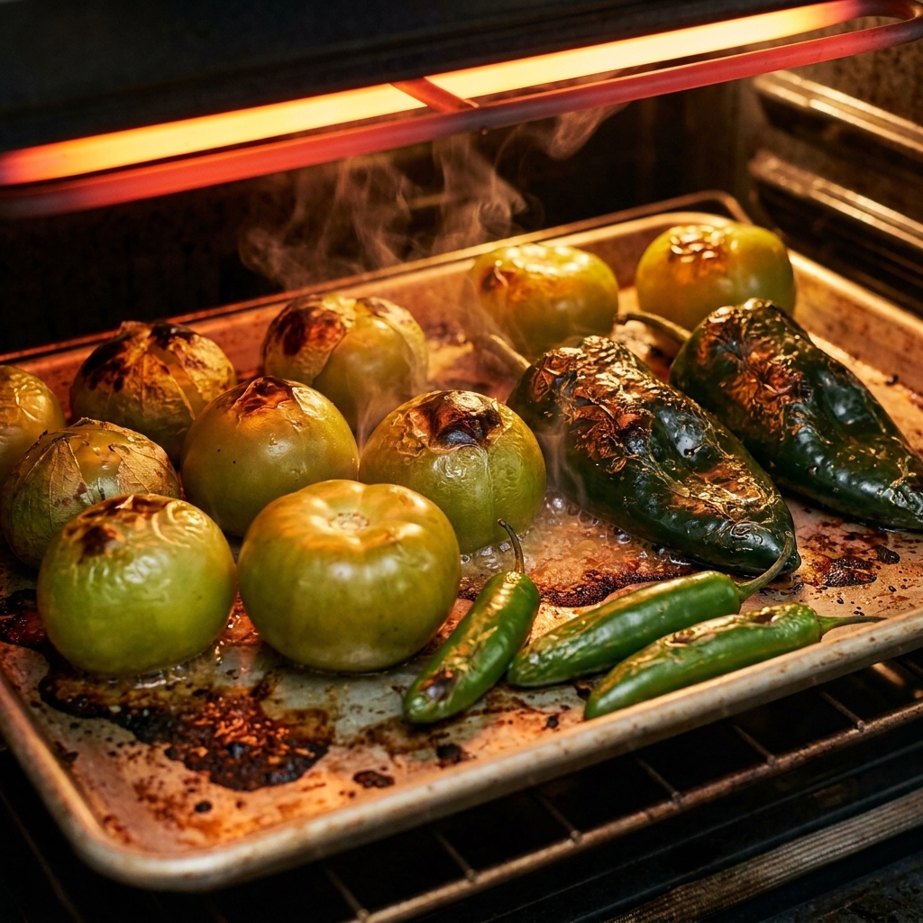 Tomatillos, poblano peppers, and serrano chiles blistering on a hot sheet pan under a broiler, with dark charred spots forming