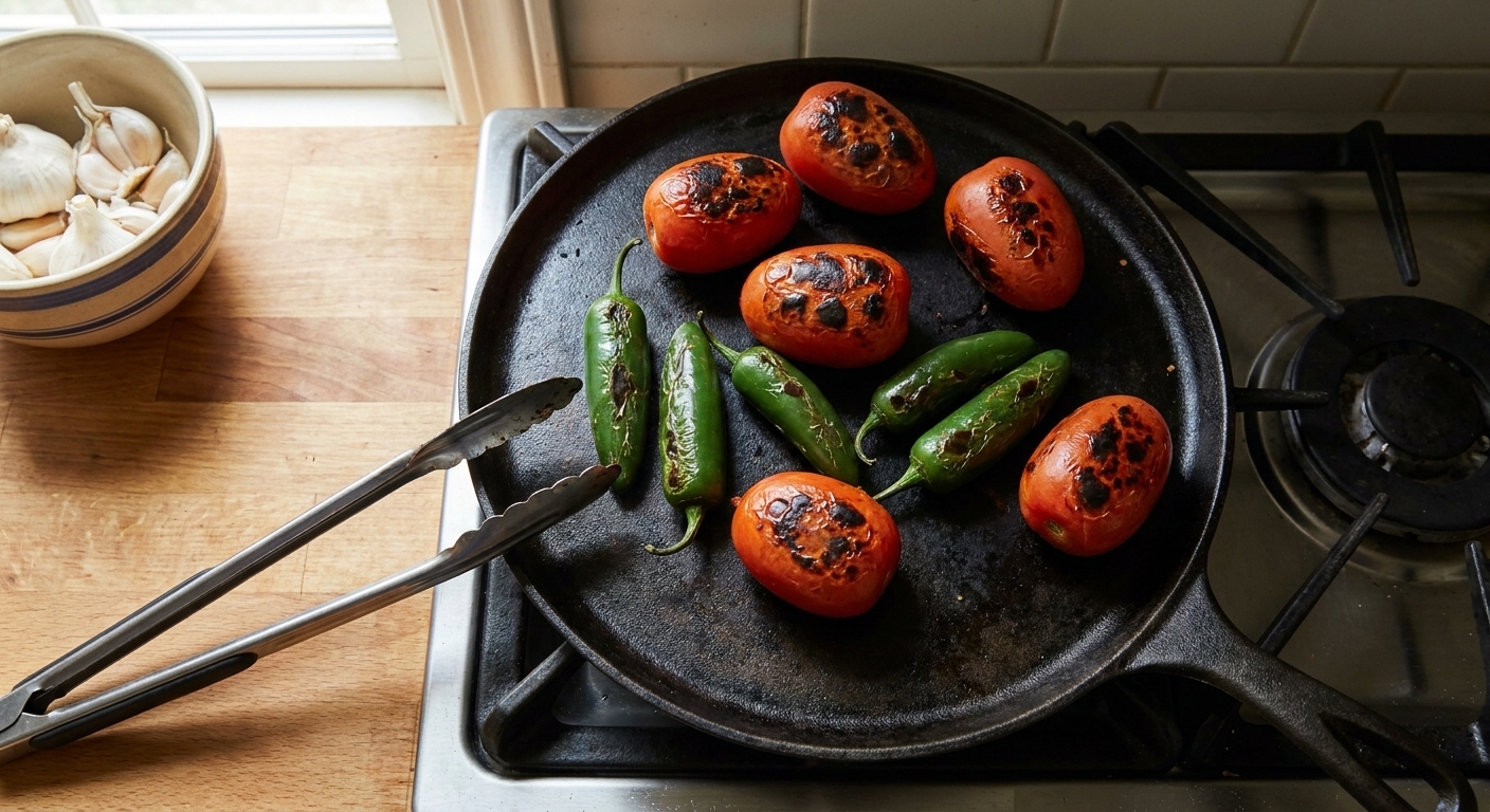 Tomatoes and jalapeños roasting on a flat comal with blistered skins and small blackened spots, viewed from above in a home kitchen