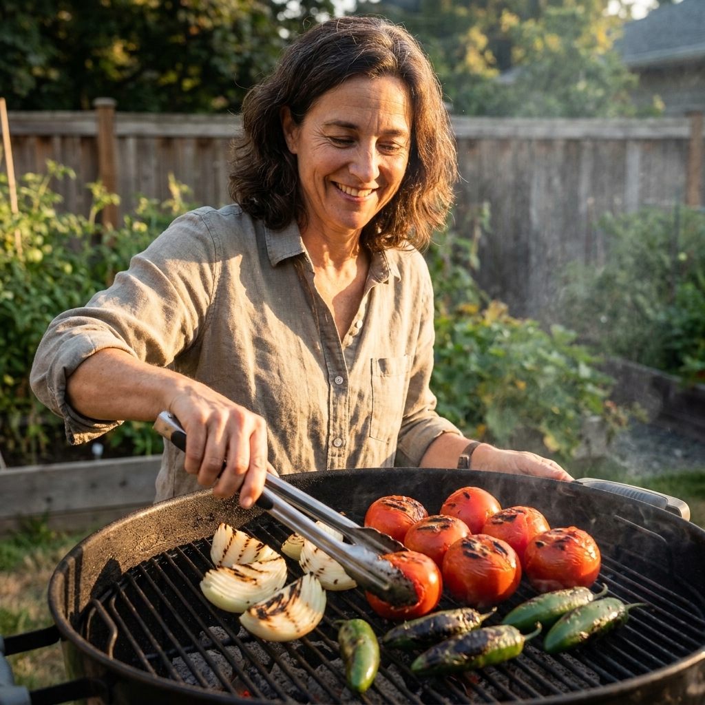 Tomatoes, onion wedges, and jalapeños blistering on a backyard grill with visible char marks and warm evening light