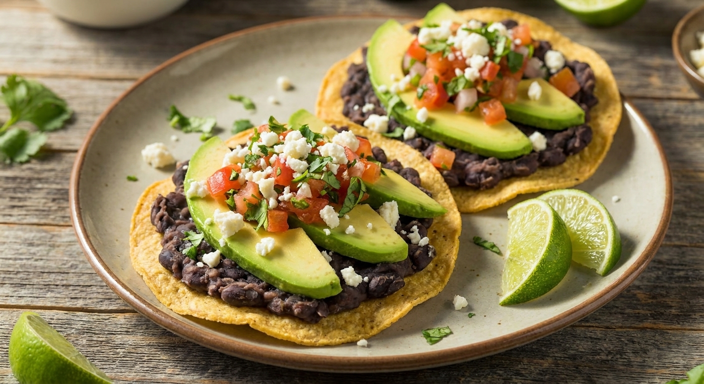 Two black bean tostadas topped with sliced avocado, pico de gallo, crumbled queso fresco, and cilantro