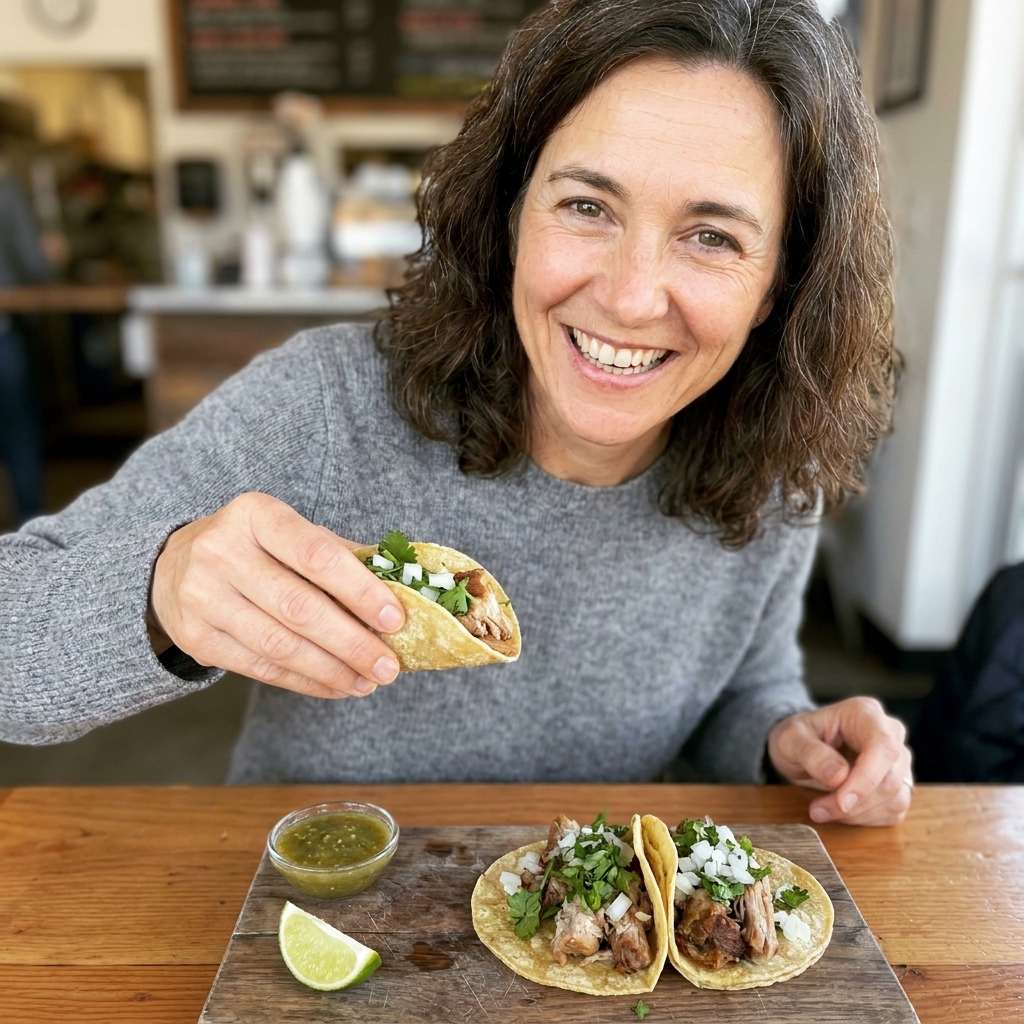 Two carnitas tacos in corn tortillas topped with chopped cilantro and diced white onion on a wooden board